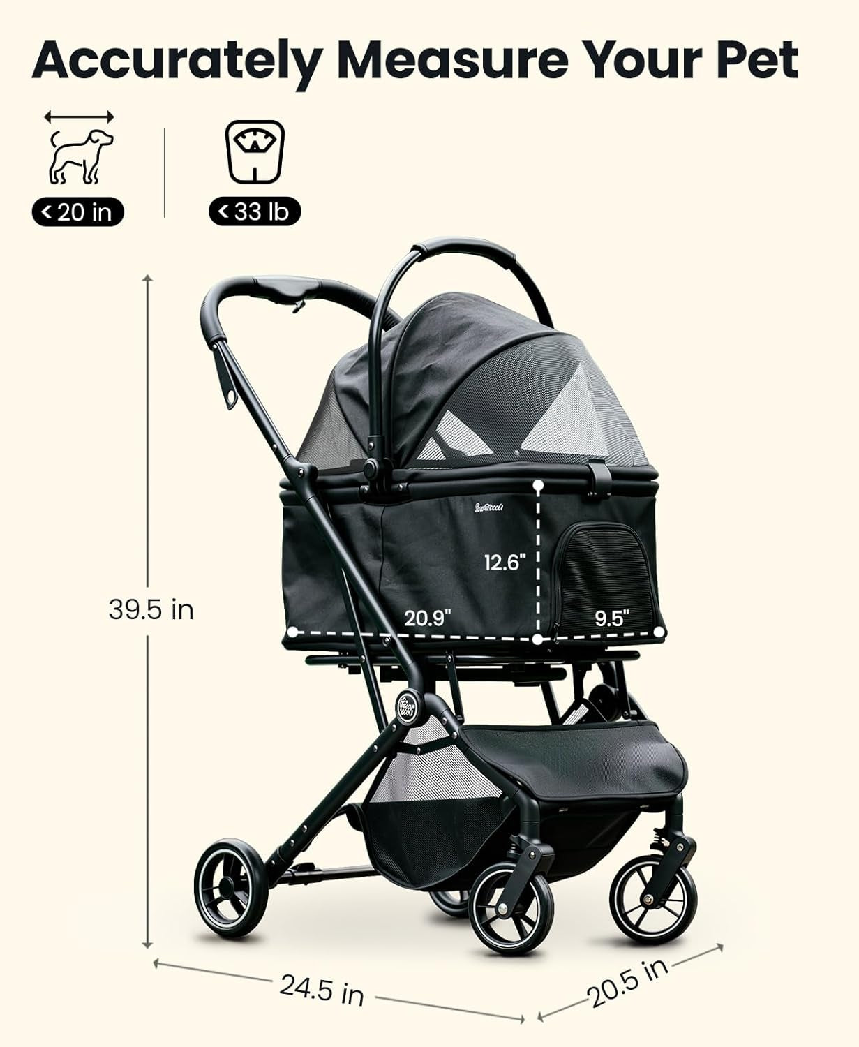 Pet Stroller 4 Wheel Dog Cat Foldable Removable Carrier 33lb Black