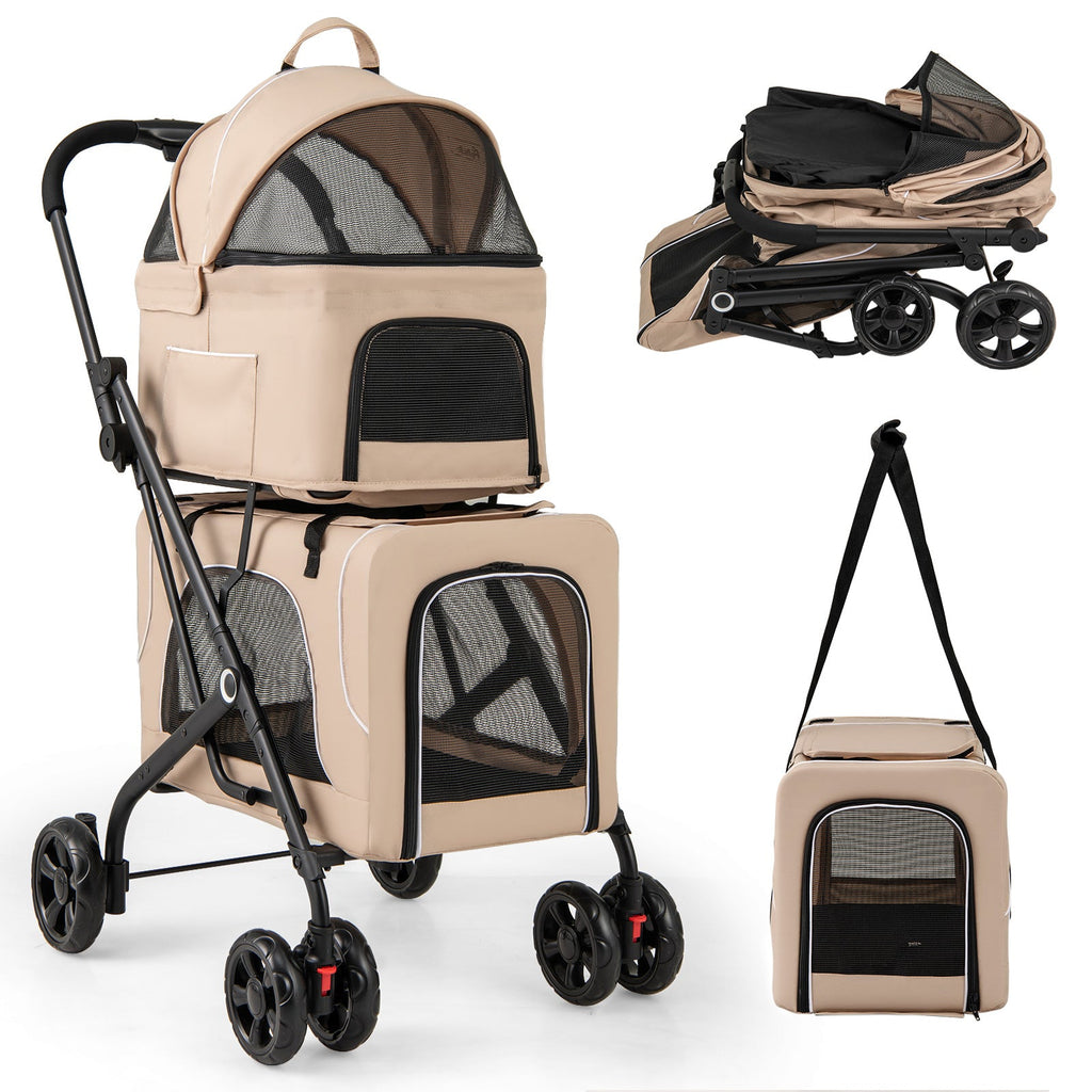 Double Pet Stroller Foldable 3-in-1 Dog Stroller with 2 Detachable Carriers