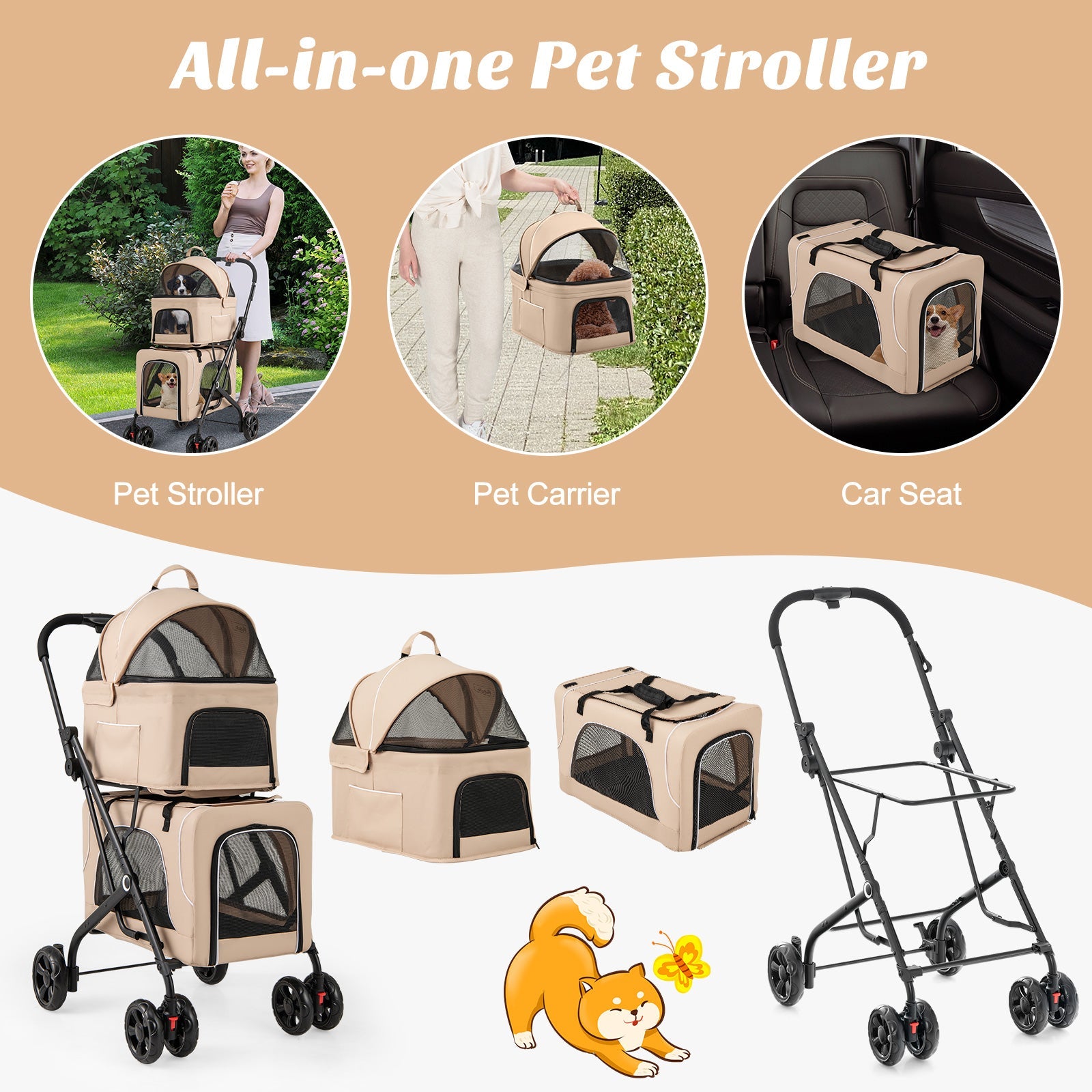 Double Pet Stroller Foldable 3-in-1 Dog Stroller with 2 Detachable Carriers