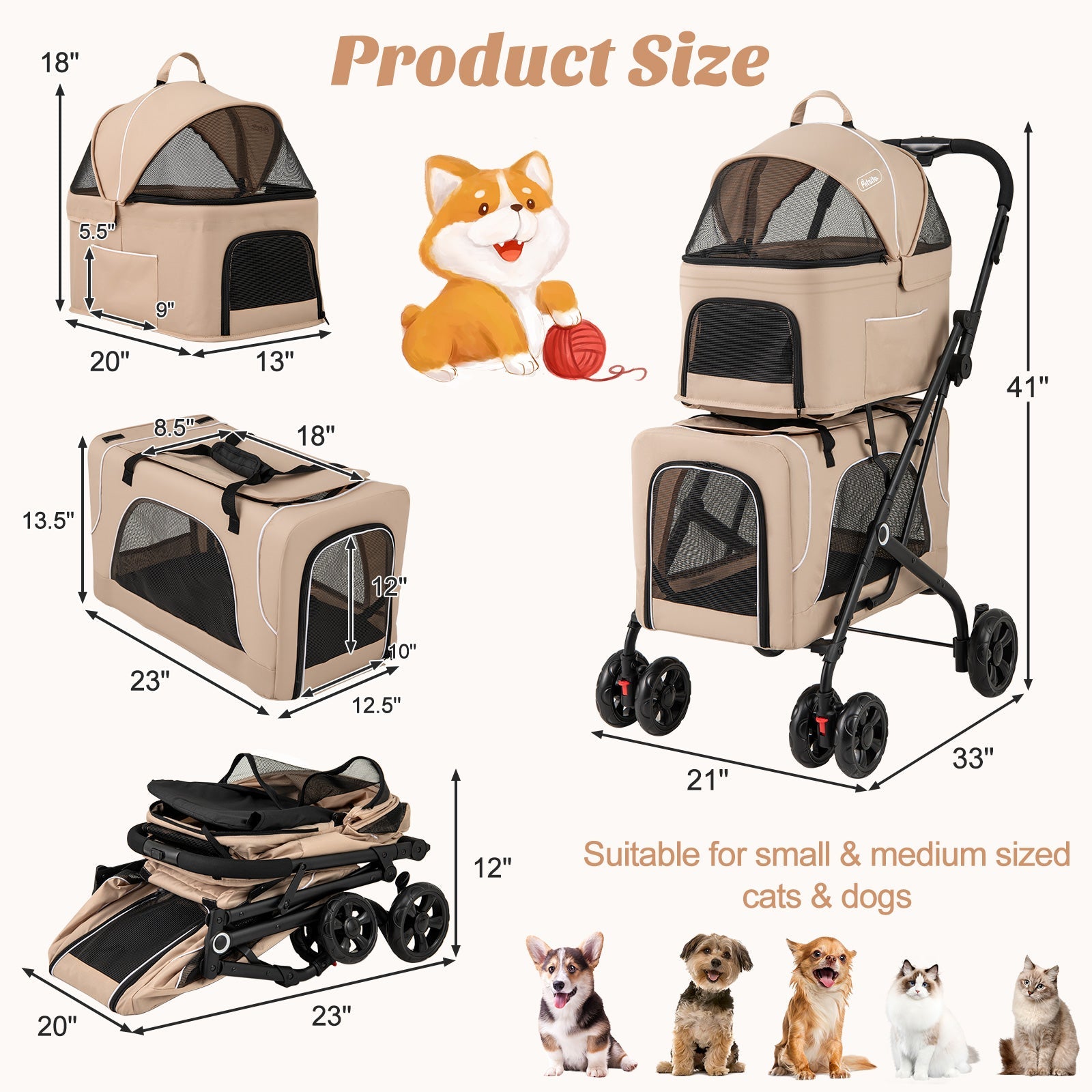 Double Pet Stroller Foldable 3-in-1 Dog Stroller with 2 Detachable Carriers