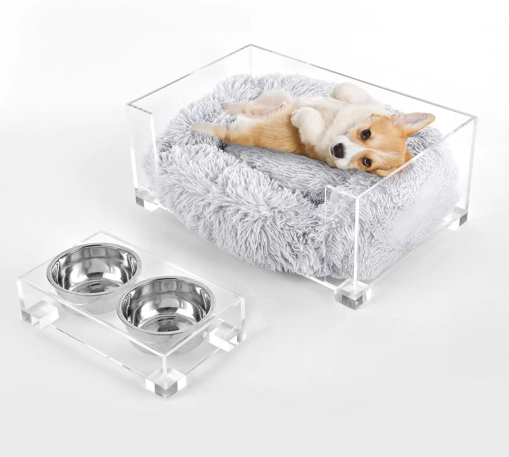 Modern Acrylic Pet Bed (small) & Elevated Feeder Set | Washable Cushion & Bowls