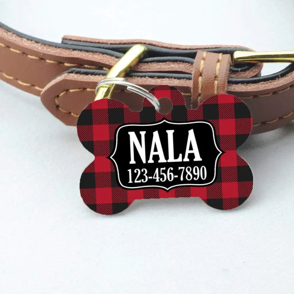 Pet ID Tag - Red Black Buffalo Plaid Custom Dog Name Tag