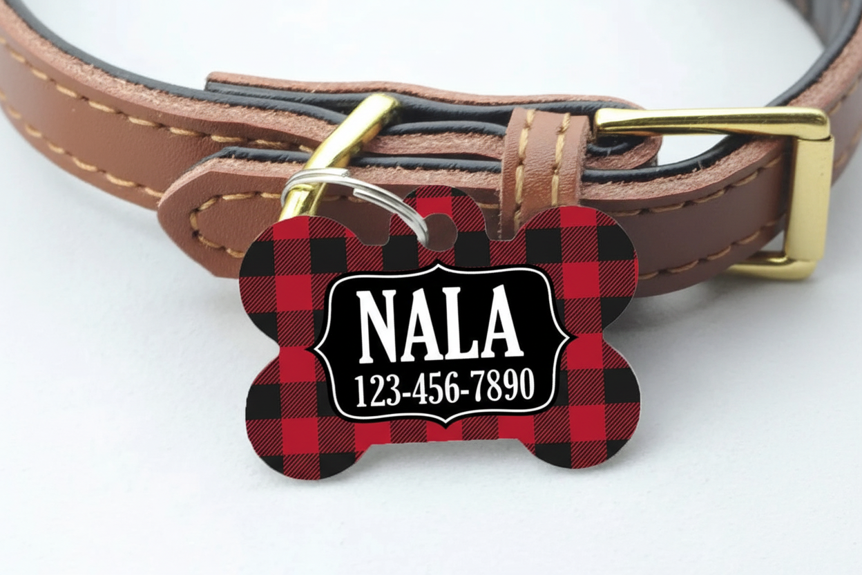 Pet ID Tag - Red Black Buffalo Plaid Custom Dog Name Tag