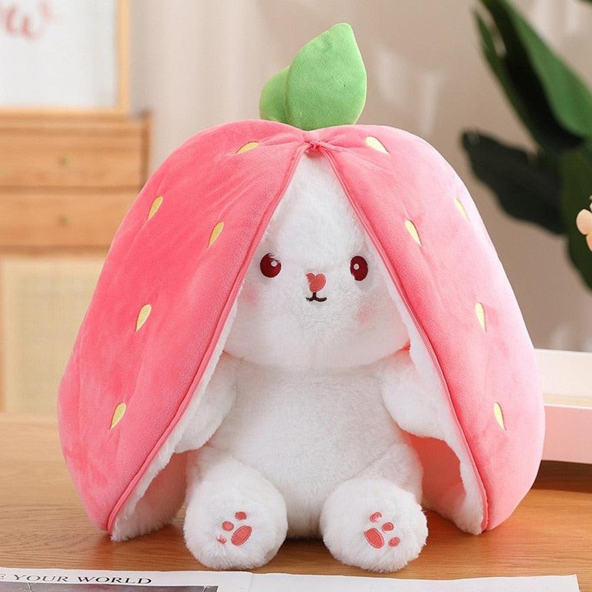 Reversible Strawberry Bunny Plush Toy Soft Polyester Stuffed Animal for Kids Hide and Seek Transforming Toy