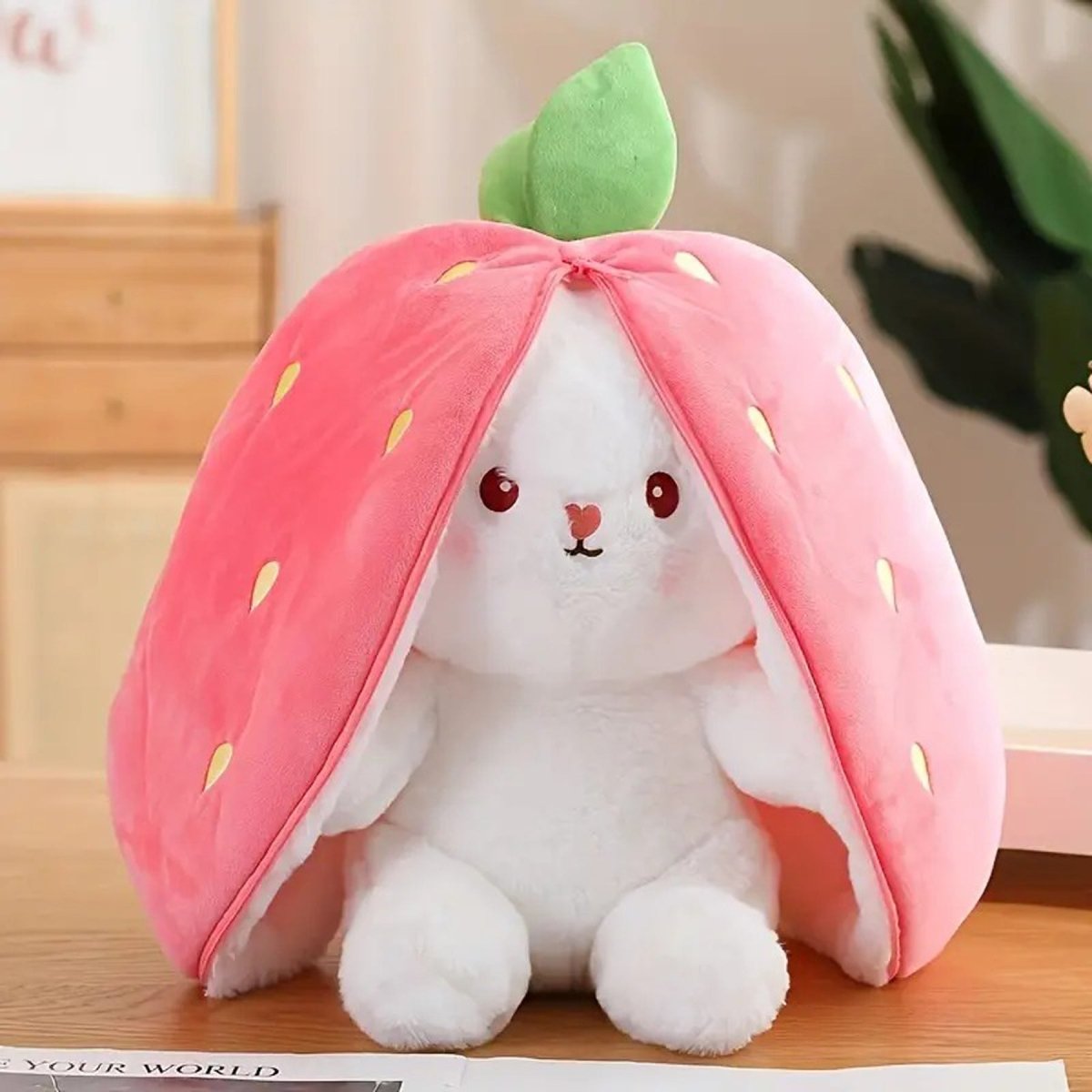 Reversible Strawberry Bunny Plush Toy Soft Polyester Stuffed Animal for Kids Hide and Seek Transforming Toy