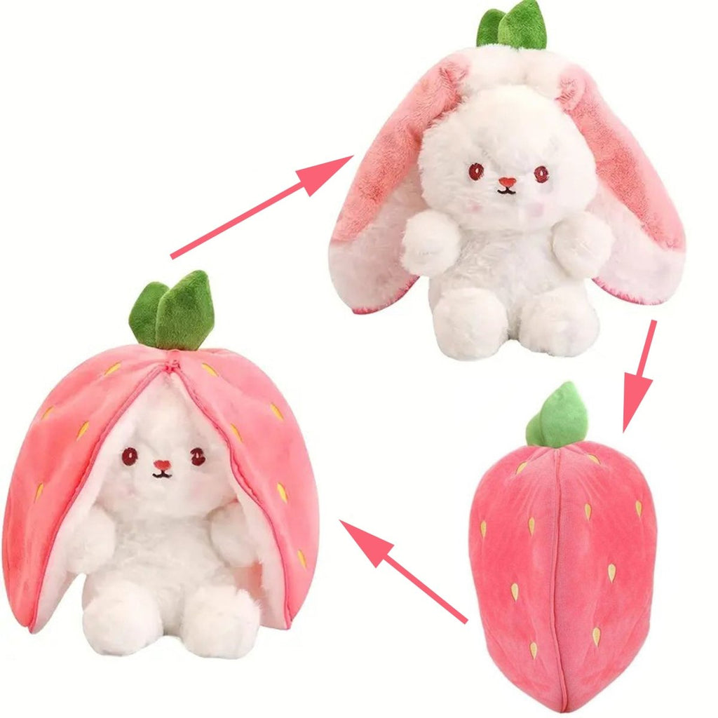 Reversible Strawberry Bunny Plush Toy Soft Polyester Stuffed Animal for Kids Hide and Seek Transforming Toy