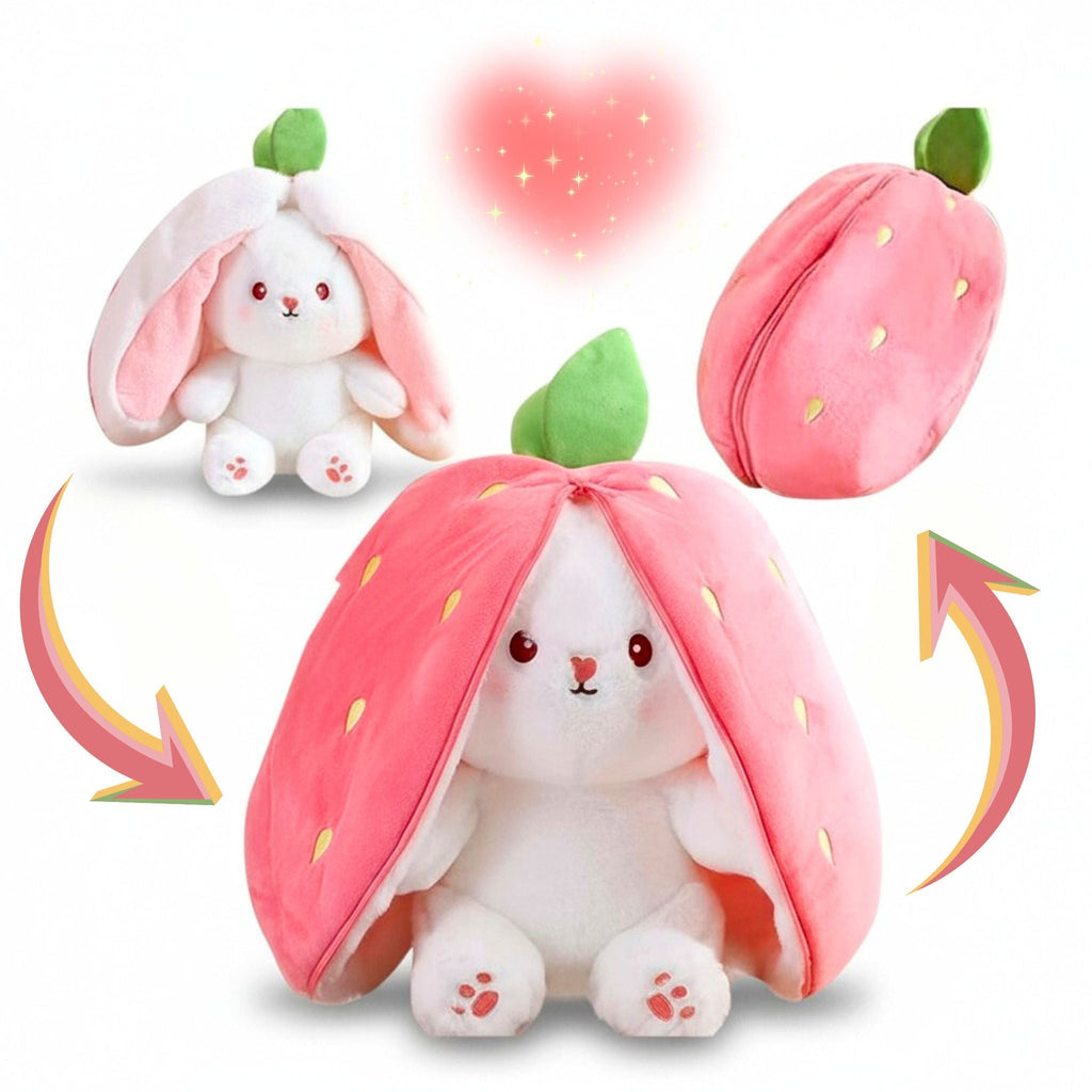 Reversible Strawberry Bunny Plush Toy Soft Polyester Stuffed Animal for Kids Hide and Seek Transforming Toy