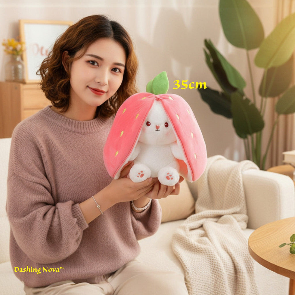 Reversible Strawberry Bunny Plush Toy Soft Polyester Stuffed Animal for Kids Hide and Seek Transforming Toy