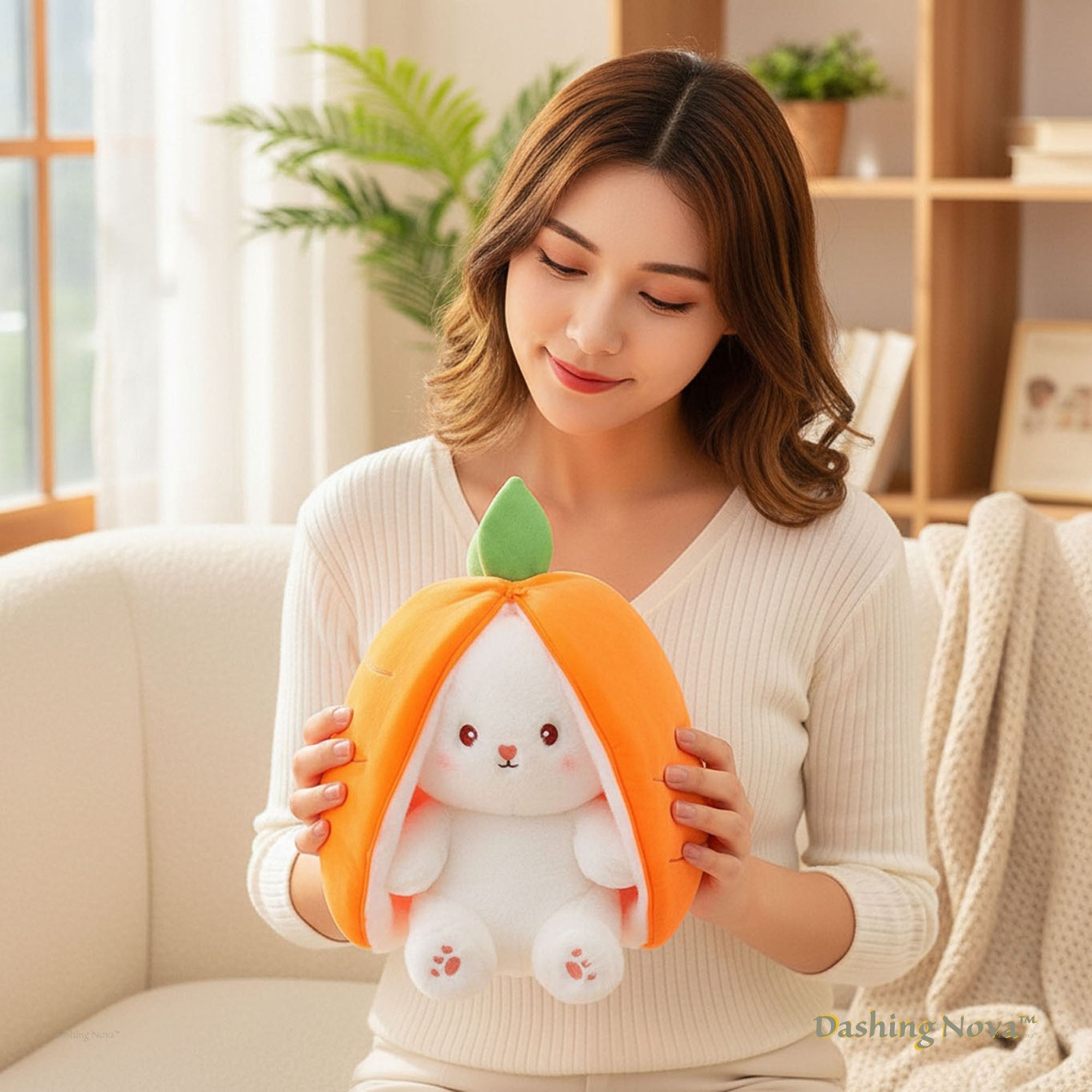 Reversible Strawberry Bunny Plush Toy Soft Polyester Stuffed Animal for Kids Hide and Seek Transforming Toy