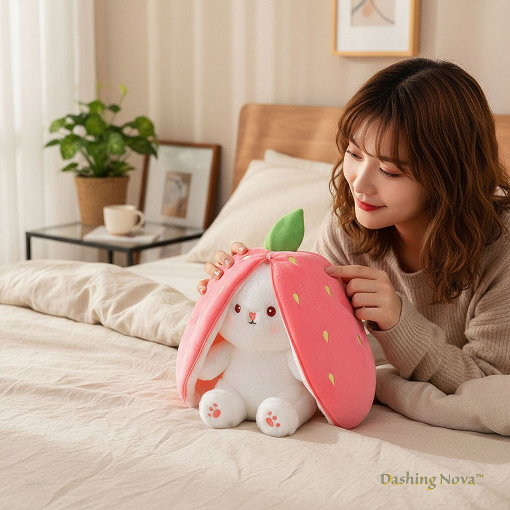 Reversible Strawberry Bunny Plush Toy Soft Polyester Stuffed Animal for Kids Hide and Seek Transforming Toy