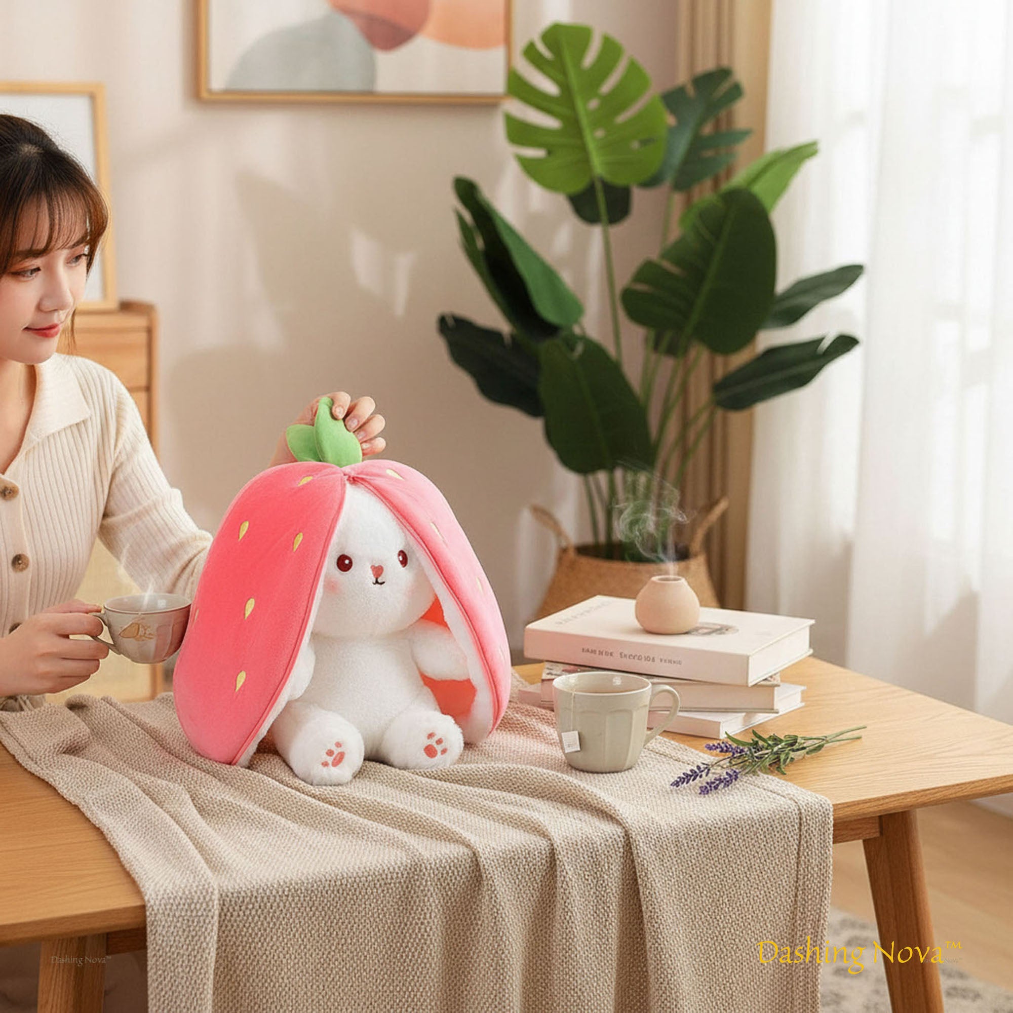 Reversible Strawberry Bunny Plush Toy Soft Polyester Stuffed Animal for Kids Hide and Seek Transforming Toy