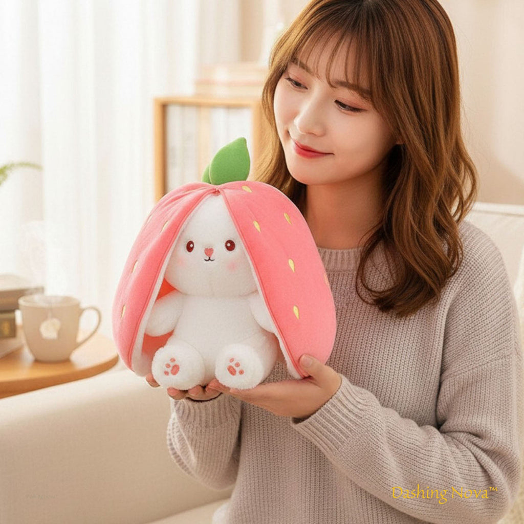 Reversible Strawberry Bunny Plush Toy Soft Polyester Stuffed Animal for Kids Hide and Seek Transforming Toy