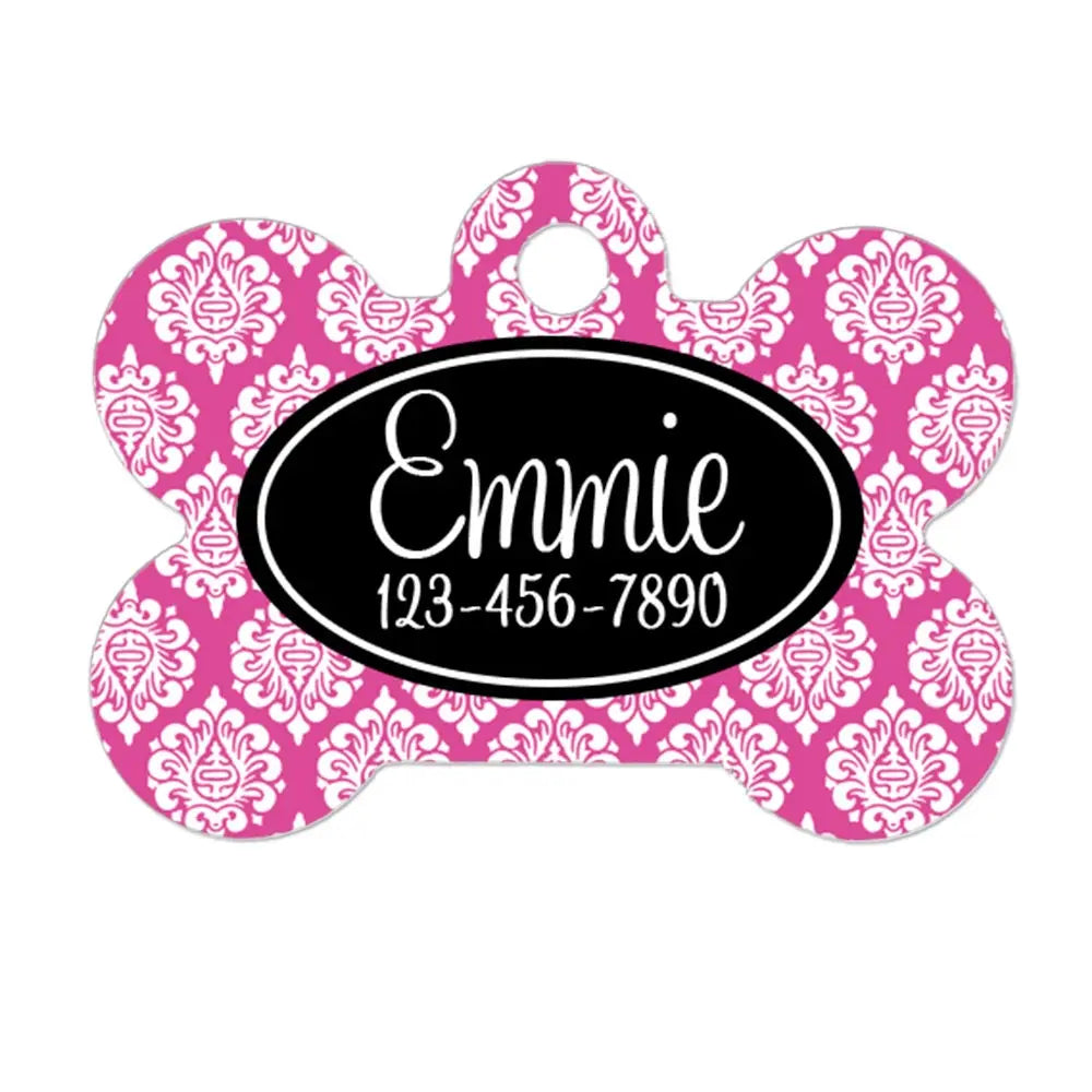 Pet Puppy Tag - Black Pink Damask Custom Dog Tag - Personalized ID Tag for Dog Collar - custom pet tag - Dog Collar Name Tag